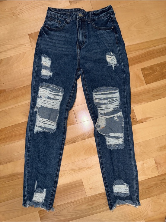 SHEIN Denim - High-Rise Distressed Boyfriend Jeans — Dark Blue 4